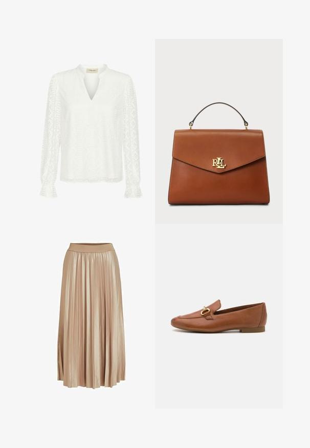 Blouse blanche à manches longues avec un col en V, texture en losanges complexe et poignets à volants. Fabriquée en tissu léger.; Jupe midi plissée en satin beige clair. Dotée d'une large taille élastique et de plis verticaux élégants sur toute sa longueur.; Mocassins en cuir marron avec un bout arrondi, présentant un accent décoratif en métal doré. Semelle plate et finition lisse.; Sac à main en cuir marron à la forme structurée, avec un accent logo doré à l'avant et une poignée supérieure pour le porter.