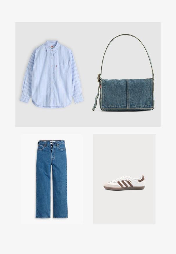 Camisa azul claro abotonada con rayas verticales rojas, cuello, mangas largas y un bolsillo en el pecho. Hecha de algodón, con un dobladillo curvado.; Vaqueros de mezclilla azul de pierna recta con una cintura alta, diseño de cinco bolsillos y cierre de botones. Costuras visibles y remaches de tono cobrizo.; Zapatilla blanca Adidas Samba con franjas de ante marrón, puntera de ante marrón y suela de goma sobre un fondo gris claro.; Bolso de hombro de denim con un diseño plegable, color azul claro, costuras visibles, correa ajustable y un acento de etiqueta lateral.