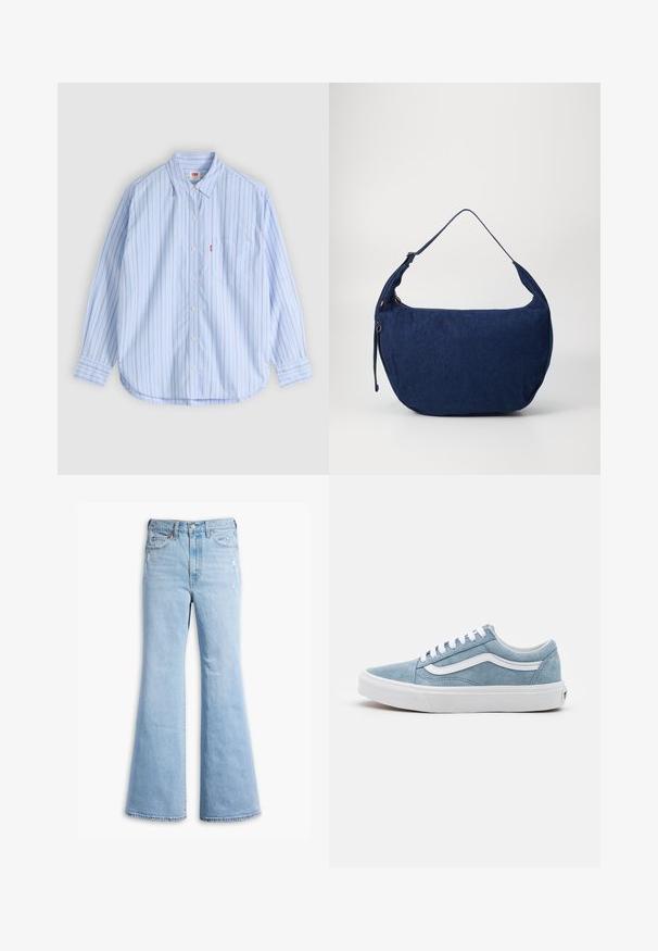 Camisa azul claro abotonada con rayas verticales rojas, cuello, mangas largas y un bolsillo en el pecho. Hecha de algodón, con un dobladillo curvado.; Jeans de mezclilla de corte acampanado en azul claro, con cintura alta, un ligero desvanecimiento, detalles desgastados y diseño estándar de cinco bolsillos.; Zapatillas de ante azul claro con cordones y detalles blancos. Diseño clásico de caña baja, con una franja lateral blanca en contraste y suela de goma.; Bolso de hombro de denim azul con forma curva, correa ajustable, cierre de cremallera y una textura sutil. Presenta un diseño minimalista sin herrajes visibles.