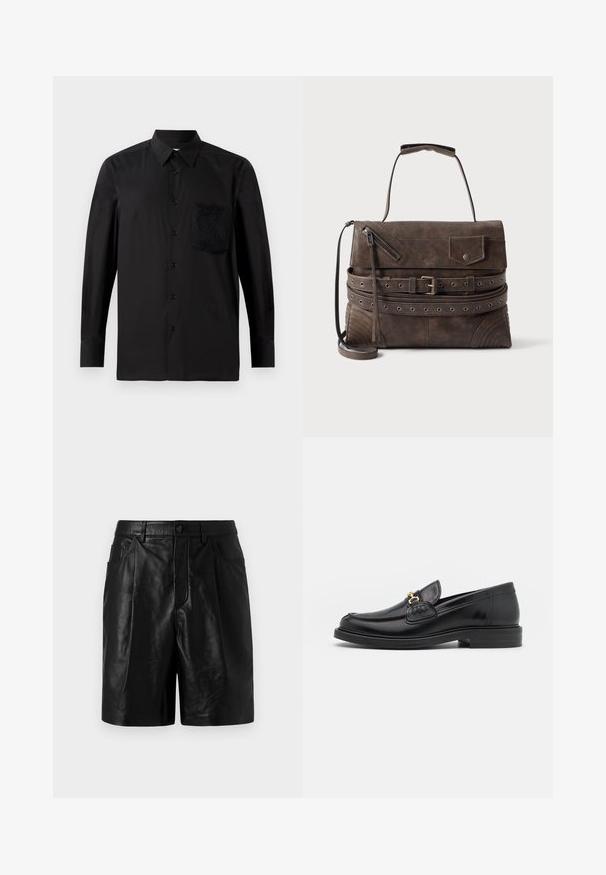 Chemise noire à manches longues avec une poche texturée foncée, fermée par des boutons, et un détail de marque subtil près de l'ourlet. Tissu lisse.; Shorts en cuir noir à la coupe ajustée, dotés de deux poches avant, d'une fermeture à boutons et d'une texture lisse et brillante.; Mocassins en cuir noir avec un embout rond, présentant des accents en métal doré et des détails de couture, montés sur une semelle en caoutchouc texturé et basse.; Sac à main en cuir marron foncé avec poignée supérieure, bandoulière réglable, poche avant zippée, ceinture décorative et poche à rabat à bouton-pression.