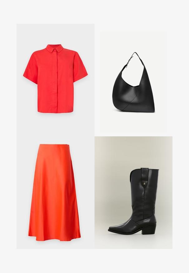 Rood shirt met korte mouwen en een knoopsluiting, gemaakt van gladde stof, met een rechte snit en een knoopsluiting aan de voorkant.; Rode satijnen midi-rok met een gladde textuur, A-lijn silhouet en een subtiele flare aan de zoom. Geen zichtbare patronen of versieringen.; Hoge zwarte leren cowboylaars met spitse neus, stevige hak en treklus met een klein gouden logo.; Zwarte leren schoudertas met gebogen driehoekige vorm, enkele verstelbare riem en zichtbare diagonale naad aan de voorkant.