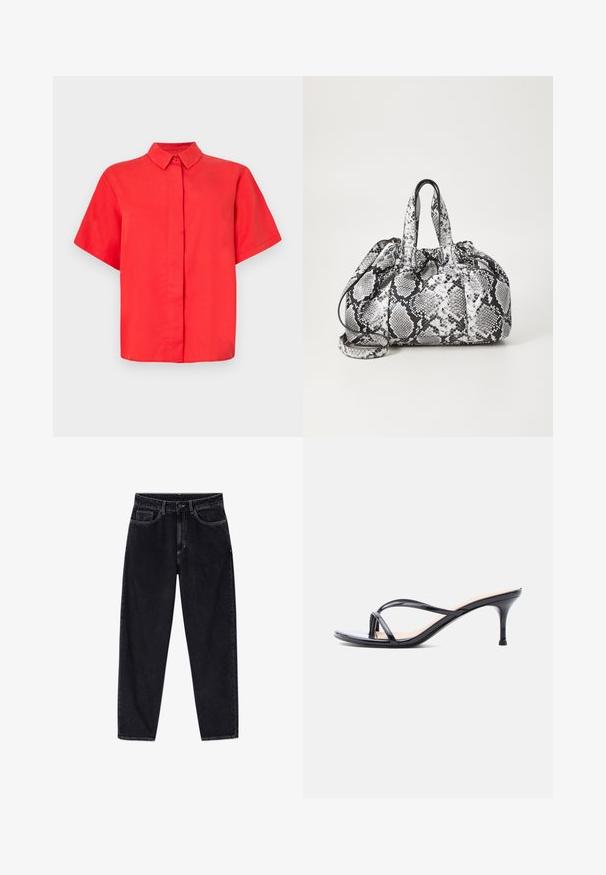 Rood shirt met korte mouwen en een knoopsluiting, gemaakt van gladde stof, met een rechte snit en een knoopsluiting aan de voorkant.; Zwarte jeans met hoge taille en rechte pijpen, voorzien van knopen aan de voorkant, rits, riemlussen en vijf zakken, afgebeeld tegen een witte achtergrond.; Zwarte laklederen sandaal met hakken, dunne gekruiste bandjes en een slanke, middelhoog stilettohak op een witte achtergrond.; Zwart-wit handtas met slangenhuidpatroon, voorzien van twee handvaten, een trekkoordsluiting en een afneembare schouderriem. Hanteert een gladde textuur.