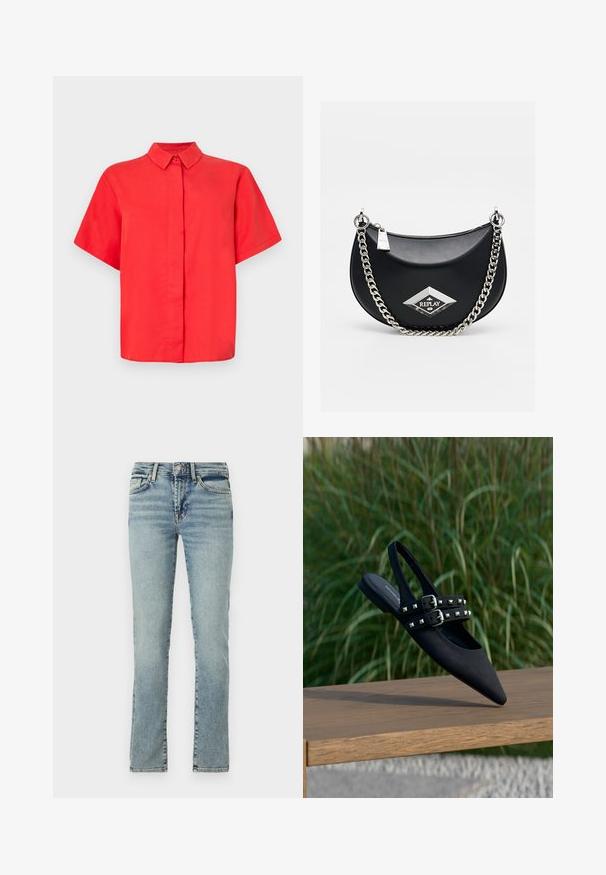 Rød kortærmet skjorte med en knapkrave, lavet af glat stof, med lige snit og en frontlukning med knapper.; Lyseblå denim jeans med lige ben-design, fem-lomme stil og subtilt slid. Har metalknap og lynlåslukning.; Sort ruskind slingback-sko med spids tå, udstyret med to stropper med sølvfarvede pyramidestuds og en dobbeltsnørelukning.; Sort håndtaske i kunstlæder med sølvkæde-strop, rund form og fremtrædende diamantformet logo på forsiden. Glat tekstur.