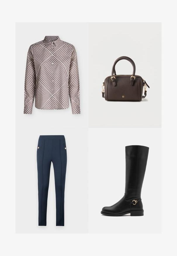 Overhemd met lange mouwen en knopen, met bruine en witte diagonale strepen die een geometrisch patroon vormen en een spitse kraag.; Donkerblauwe slim-fit broek met gestikte voornaden en schuine zijzakken, elk voorzien van een enkele ronde gouden knoop.; Anna Field Wide Fit Laarzen - black; Donkerbruine leren handtas met twee bovenhandvatten, afneembare schouderriem, gouden gespjes, ritssluiting en klein rond logo aan de voorkant.