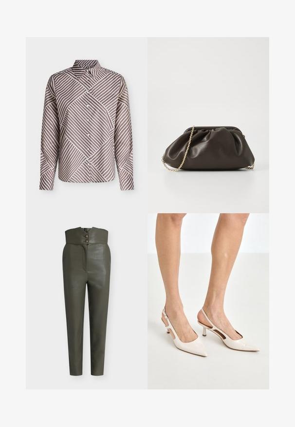 Chemise à manches longues boutonnée avec des rayures diagonales marron et blanches formant un motif géométrique et un col pointu.; Pantalon taille haute en simili cuir vert olive avec jambes fuselées et fermeture décorative à double bouton à la taille.; Escarpins à talon slingback en cuir verni beige avec un bout pointu et un talon de 5 cm, présentant des côtés découpés et une fine bride à la cheville.; Sac à main en cuir marron avec un design froncé, une bandoulière en chaîne dorée et une finition douce et texturée. Sa forme compacte est idéale pour une utilisation en soirée.