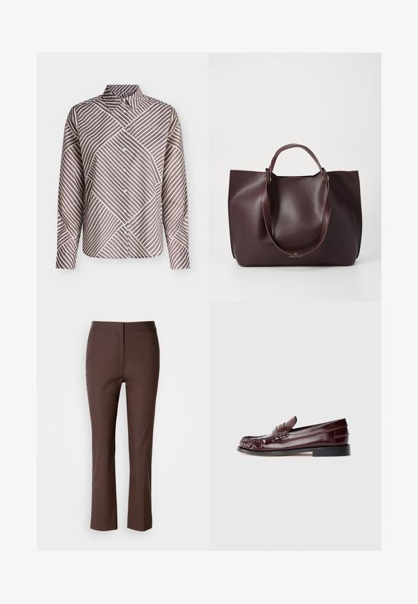 Chemise à manches longues boutonnée avec des rayures diagonales marron et blanches formant un motif géométrique et un col pointu.; Pantalons marron ajustés avec une coupe slim, présentant un devant plat, des poches latérales discrètes et un tissu lisse, légèrement extensible.; Mocassin penny en cuir bordeaux avec semelle noire et détail en métal doré sur le dessus, présenté en vue latérale sur fond blanc.; Sac fourre-tout en cuir bordeaux avec une texture lisse, deux poignées solides et un design minimaliste. Présente un subtil détail en métal doré.