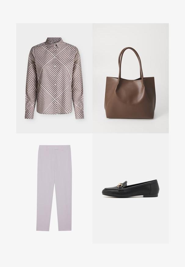 Chemise à manches longues boutonnée avec des rayures diagonales marron et blanches formant un motif géométrique et un col pointu.; Pantalons violet clair en tissu lisse, dotés d'une coupe ajustée, de passants de ceinture et d'une coupe droite.; Mocassins en cuir noir avec un bout arrondi, dotés d'un accent en métal doré et d'un petit talon plat pour un confort optimal.; Sac en cuir marron avec deux longues poignées, forme structurée, texture lisse et design minimaliste. Aucun matériel ni accent visible.