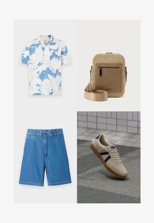 Chemise à manches courtes avec un imprimé de feuilles tropicales blanches et bleues, fabriquée en tissu léger. Dispose d'un col classique et d'une fermeture à boutons.; Shorts en denim bleu clair avec une taille élastique à cordon de serrage, poches avant et coutures contrastées. Design classique, coupe au genou.; Baskets beiges avec une finition texturée, bandes navy et semelle en caoutchouc. Équipées d'une languette rembourrée et d'un système de laçage traditionnel pour un maintien sécurisé.; Petit sac bandoulière beige avec poche avant zippée, logo métallique ALDO, sangle large ajustable et forme rectangulaire arrondie sur fond blanc.