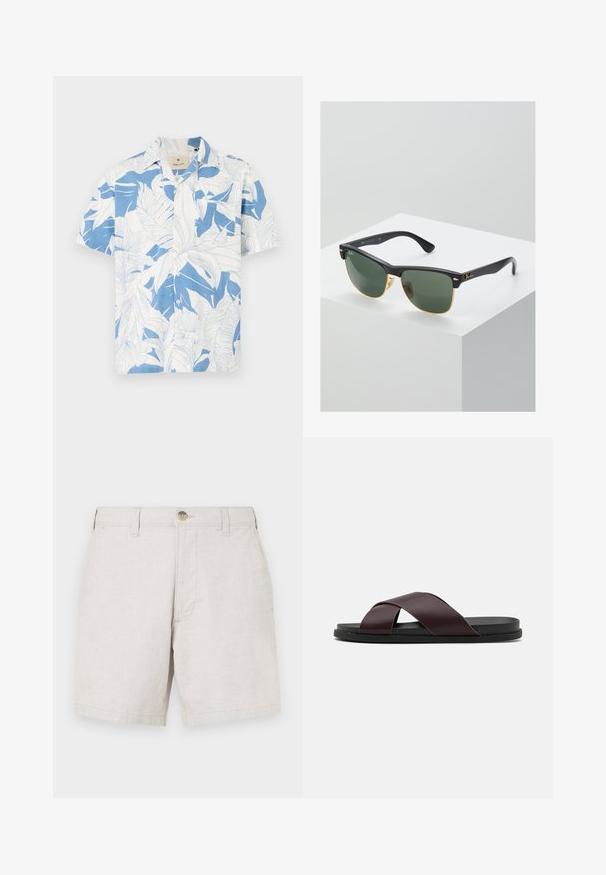 Camisa de manga corta con un estampado de hojas tropicales en blanco y azul, hecha de una tela ligera. Cuenta con un collar clásico y un diseño de botones en la parte frontal.; Shorts de lino beige con corte recto, con cierre frontal de botón, presillas para cinturón y dos bolsillos laterales. Tejido texturizado.; Sandalia deslizante de tiras cruzadas en color marrón con acabado mate, suela negra plana y textura suave. Diseño minimalista sin herrajes visibles.; Gafas de sol Ray-Ban con lentes verdes, montura de plástico negro y acentos dorados en los bordes. Forma cuadrada con acabado mate.
