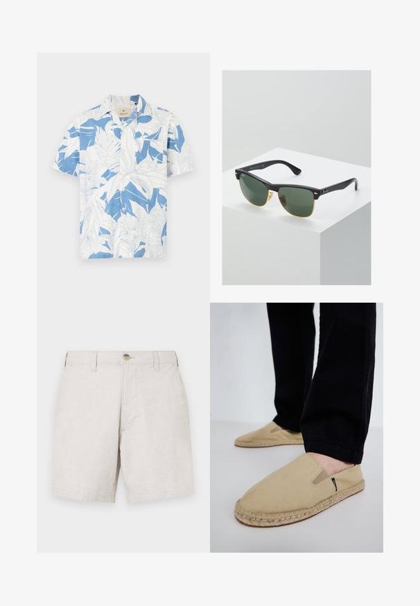 Kortærmet skjorte med et hvidt og blåt tropisk bladmønster, lavet af let stof. Har klassisk krave og knaplukning foran.; Beige linnedshorts med lige snit, der har en frontknaplukning, bæltestropper og to sidelommer. Tekstureret stof.; Beige lærred slip-on sko med elastisk goring, jute reb-sål og kontrasterende syninger. Båret med sorte tapered bukser.; Ray-Ban solbriller med grønne linser, sorte plastikstel og gyldne detaljer ved kanterne. Firkantet form med mat finish.
