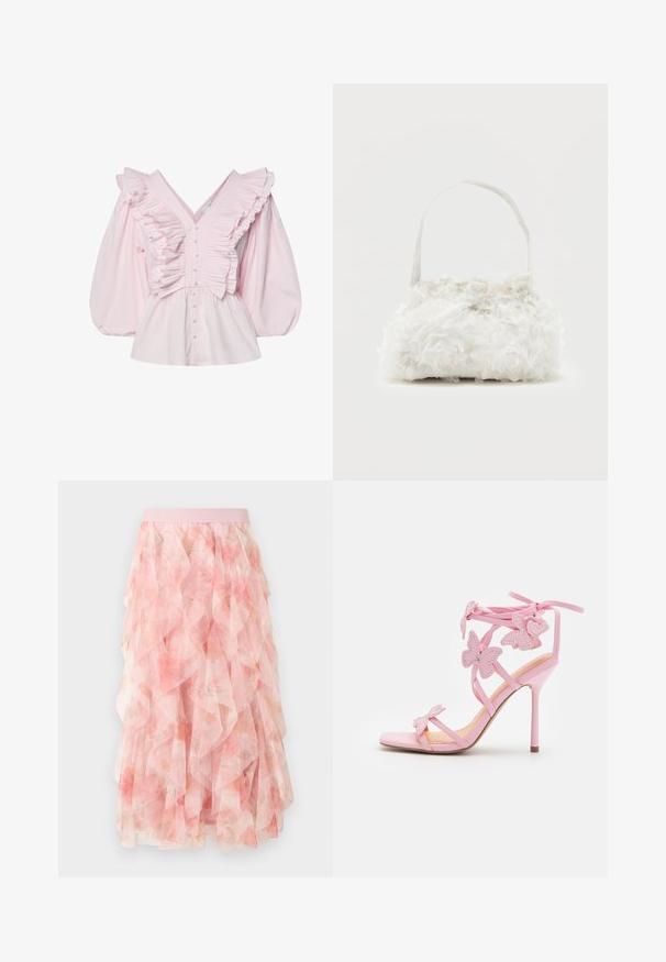 Blusa de algodón rosa con un escote en V profundo, detalles con volantes a lo largo del torso y mangas abullonadas voluminosas con cierre de botón.; Falda midi de tul en capas rosa con patrón floral y cintura elástica, con texturas suaves y volantes.; Sandal de tacón alto rosa con acentos de mariposa, hecho de material suave. Cuenta con tirantes delgados y un tacón esbelto.; Pequeño bolso blanco con rosas de tela que cubren su cuerpo y una delgada correa única como asa, sobre un fondo liso.