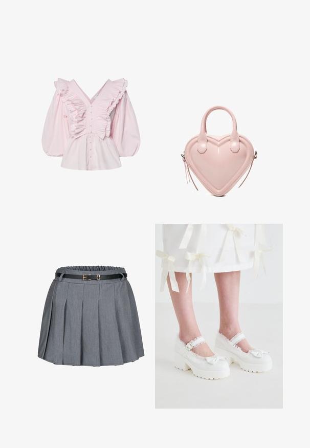 Pink bomuldsbluse med en dyb V-udskæring, rynkede detaljer langs kroppen og voluminøse puffede ærmer med knaplukning.; Grå plisseret nederdel med en samlet talje og et sort bælte med en guldbuckle detalje. Blødt stof med en glat tekstur.; Koi Footwear TIRA RUFFLE MARY JANES PORCELAIN DELIGHTS EDITION - Plateaupumps - white; Lyserød, hjerteformet håndtaske med dobbelte håndtag og sidelommer med lynlås, lavet af glat læder.
