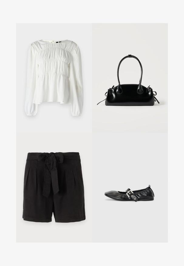 Witte blouse met een ronde halslijn, lange mouwen en een geplooide textuur bij het lijfje. Heeft opgezette mouwen en een vloeiende zoom.; Zwarte katoenen shorts met een strikgordel in de taille, plooien aan de voorkant en zijzakken. Gladde textuur en casual ontwerp.; Zwarte leren platte schoen met een spitse neus, geplooide details rond de opening en een zilveren gespaccentueerde verstelbare band.; Kleine zwarte glanzende handtas met twee lange hengsels en zijkant trekkoord details op een effen lichte achtergrond.