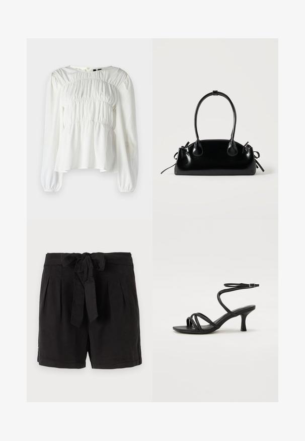 Weiße Bluse mit Rundhalsausschnitt, langen Ärmeln und geraffter Textur am Oberteil. Sie hat Puffärmel und einen fließenden Saum.; Schwarze Baumwollshorts mit einem Bindegürtel in der Taille, Falten an der Vorderseite und Seitentaschen. Glatte Textur und lässiges Design.; Even&Odd Wide Fit by Zalando Riemensandalette - black; Kleine schwarze glänzende Handtasche mit zwei langen Griffen und seitlichen Kordelzug-Details vor einfachem hellem Hintergrund.