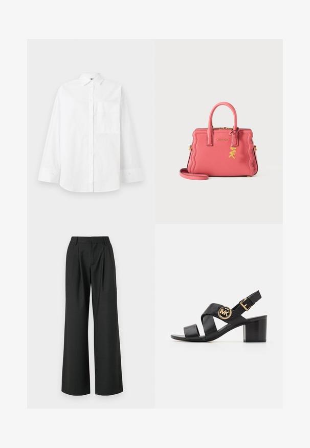 Chemise blanche à boutons en coton. Caractéristiques : manches longues, col, et une poche poitrine. Texture lisse, design classique.; Won Hundred CAMILLE TROUSERS - Pantalon classique - licorice; Sandale en cuir noir avec des lanières croisées et un logo rond MK. Le talon carré est de hauteur moyenne, offrant à la fois stabilité et un design élégant.; Sac à main en cuir rose corail avec bords festonnés, doubles poignées, breloque logo MK dorée et bandoulière détachable sur fond blanc.