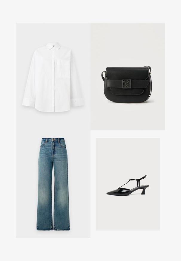 Hvid skjorte med knaplukning lavet af bomuld. Har lange ærmer, krave og en enkelt brystlomme. Glat tekstur, klassisk design.; Lysblå denim vidbenede jeans har en høj talje, fem lommer og let rippede kanter, der viser en tekstureret, falmet finish.; Sort laklæder sko med lav hæl, spids tå, T-rem og spænde lukning på lys neutral baggrund.; Sort skuldertaske i læder med klaplukning og præget Armani Exchange-logo på frontspænde, minimalistisk design.