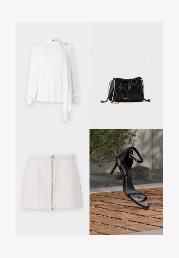 Blouse blanche à manches longues, tissu plissé aux épaules, col montant avec détail à nouer, texture lisse et poignets élastiques.; Mini jupe blanche texturée avec un motif à carreaux et des accents bleus, dotée d'une fermeture éclair à l'avant. Le tissu semble doux et légèrement structuré.; Sandale noire à talon haut avec sangle à la cheville, suspendue au-dessus d'un sol en carreaux de bois à l'extérieur, avec un arrière-plan flou de verdure et de pierre.; Sac à main en cuir noir plissé avec cordon de serrage, bandoulière chaîne dorée et petit accent horizontal doré sur le devant.
