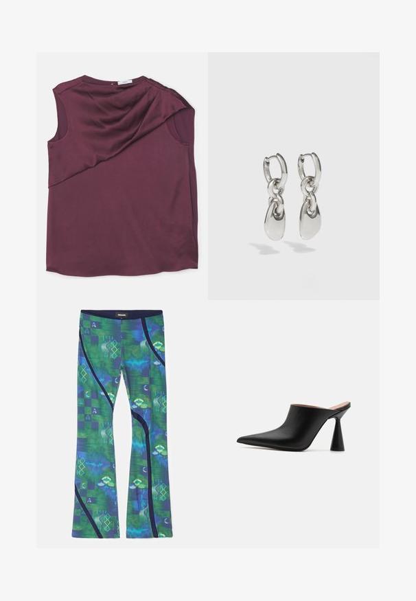 Haut sans manches bordeaux en tissu lisse avec un design drapé, doté d'une coupe asymétrique et d'un col rond.; Leggings en tissu extensible multicolore avec des motifs verts et bleus, des formes géométriques et des accents bleu foncé sur les côtés.; Mules en cuir noir avec un bout pointu et un talon conique unique. Texture lisse et design minimaliste, à dos ouvert pour un enfilage facile.; Boucles d'oreilles en argent avec des maillons ovales allongés, présentant une finition polie et un pendentif tombant texturé. Design simple avec des bords lisses.