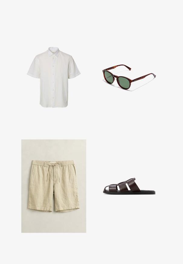 Hvid kortærmet skjorte med knapper, spids krave, synlige knapper foran og ensfarvet design på ensfarvet baggrund.; Beige afslappede knælange shorts med elastik i taljen, snøre, knaplukning og sidelommer, lagt fladt på en lys baggrund.; Brune lædersandal med bred stropdesign, åben tå-stil og flad sort sål. Har en glat tekstur og minimal detaljer.; Brune skildpaddedesign solbriller med runde rammer, grønne linser og mønstrede tempelarme. Har brandlogo på en arm.