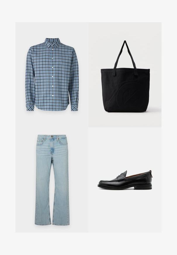 Camisa de botones de algodón tejido, patrón de cuadros azul y negro, de manga larga, con cuello, botones blancos y puños ajustables.; Jeans de mezclilla de corte acampanado de un azul claro, con una cintura de altura media, cinco bolsillos y costuras en contraste. Incluyen una cremallera y un cierre de botón metálico.; Mocasín de hombre de piel negra con costura moc toe, tira penny, cuello texturizado y tacón bajo apilado sobre fondo blanco.; Bolsa tote de lona negra con dos correas para el hombro y un diseño circular en relieve sutil en el frente.