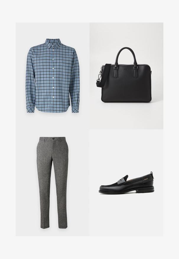 Hemd aus gewobenem Baumwollstoff, blau-schwarz kariert, mit langen Ärmeln, Kragen, weißen Knöpfen und verstellbaren Manschetten.; Lindbergh PANTS - Stoffhose - brown; Schwarzer Lederloafer mit grauem Riemendetail, niedrigem Absatz und strukturierter Sohle, seitlich mit „HUGO“ in Gold gebrandmarkt.; Schwarze Ledertasche mit strukturierten Oberflächen, zwei Griffen und einem abnehmbaren Schultergurt. Verfügt über silberne Reißverschlüsse und minimalistische Designelemente.
