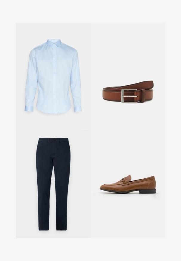 Hellblaues Baumwollhemd mit langen Ärmeln und Button-Down-Kragen. Hat einen abgerundeten Saum und kontrastierende Manschettendetails. Glatte Textur.; Herren Slim-Fit schwarze Hose mit vorderem Knopf- und Reißverschluss, Gürtelschlaufen und Seitentaschen.; Braune Lederloafers mit flachem Absatz, die eine dekorative Metallakzentuiert auf der Vorderseite, ein elegantes Design und eine glatte Textur aufweisen.; Brauner Ledergürtel mit einer silbernen rechteckigen Schnalle, die zarte Nähte und eine glatte Textur aufweist.