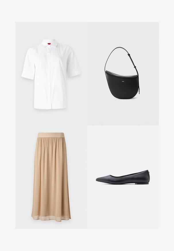 Hvid kortærmet skjorte med knaplukning og klassisk krave, lavet af glat stof. Har et broderet logo på venstre brystområde.; Beige midi-nederdel med bred elastisk talje med mærkenavn. Blødt, flydende materiale med glat tekstur og enkelt design.; Sort flad lædersko med spidst tåparti og lav hæl, vist i sideprofil mod en hvid baggrund.; Sort halv-måne skuldertaske i læder med justerbar rem og guld "BOSS"-logo centreret foran.
