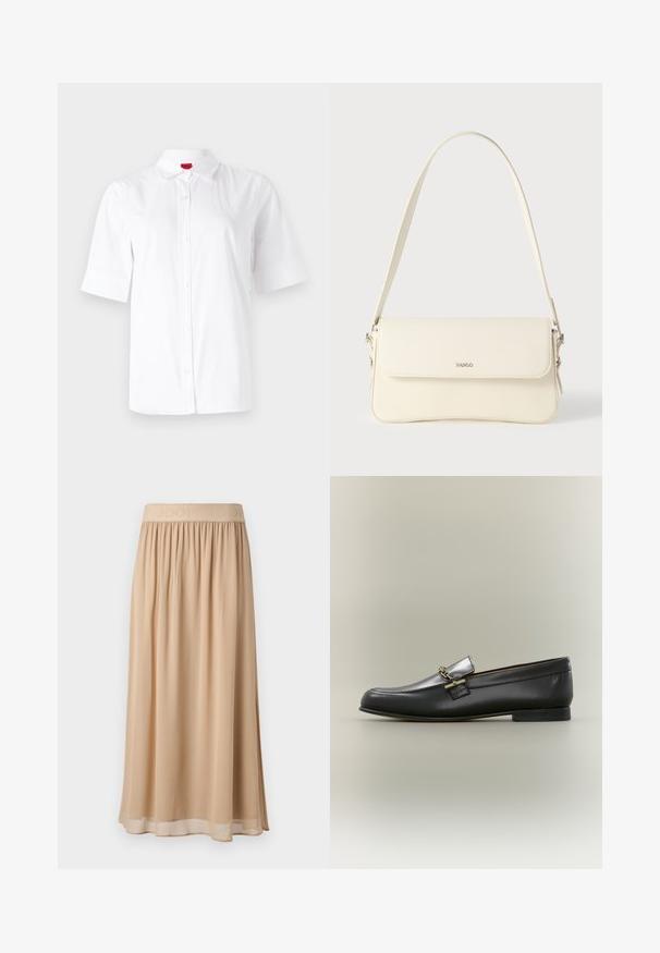 Hvid kortærmet skjorte med knaplukning og klassisk krave, lavet af glat stof. Har et broderet logo på venstre brystområde.; Beige midi-nederdel med bred elastisk talje med mærkenavn. Blødt, flydende materiale med glat tekstur og enkelt design.; Sort læderloafer med sølv øverste, gyldent kædedetalje, lav hæl og rundet tå på neutral baggrund.; Cremefarvet læder skuldertaske med flaplukning, sølvfarvet beslag, en enkelt justerbar rem og diskrete logodetaljer.