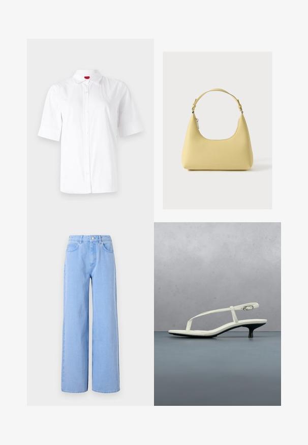 Witte kortekous overhemd met knoopsluiting en een klassieke kraag, gemaakt van gladde stof. Bevat een geborduurd logo op de linkerborst.; Lichtblauwe wijde denim jeans. Heeft een aangesloten taille met riemlussen en voorzakken, stiksel details en een schone zoom.; Witte sandaal met smalle bandjes en kitten heel, met een spitse neus, zwevend boven een houten tegelvloer buiten, met op de achtergrond een wazige plant en muur.; Gele leren handtas met een gebogen silhouet, korte verstelbare band en een vak met ritssluiting. Heeft een subtiel logo aan de voorkant.