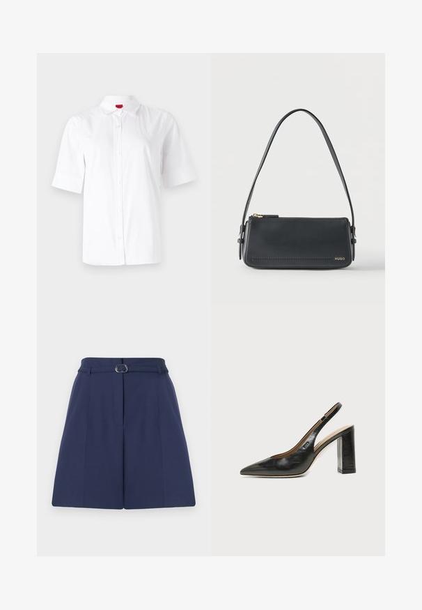 Chemise blanche à manches courtes avec col classique, fabriquée en tissu lisse. Présente un logo brodé sur la zone gauche de la poitrine.; Shorts ajustés bleu marine avec une ceinture, dotés d'une passante de ceinture, de détails plissés et d'une texture de tissu lisse. Coupe droite standard.; Chaussure slingback en cuir noir à bout pointu avec un talon bloc haut et une doublure intérieure beige sur un fond clair uni.; Sac à bandoulière rectangulaire en cuir noir avec fermeture éclair dorée et petit logo "HUGO" doré sur le devant, doté d'une sangle réglable avec boucle.