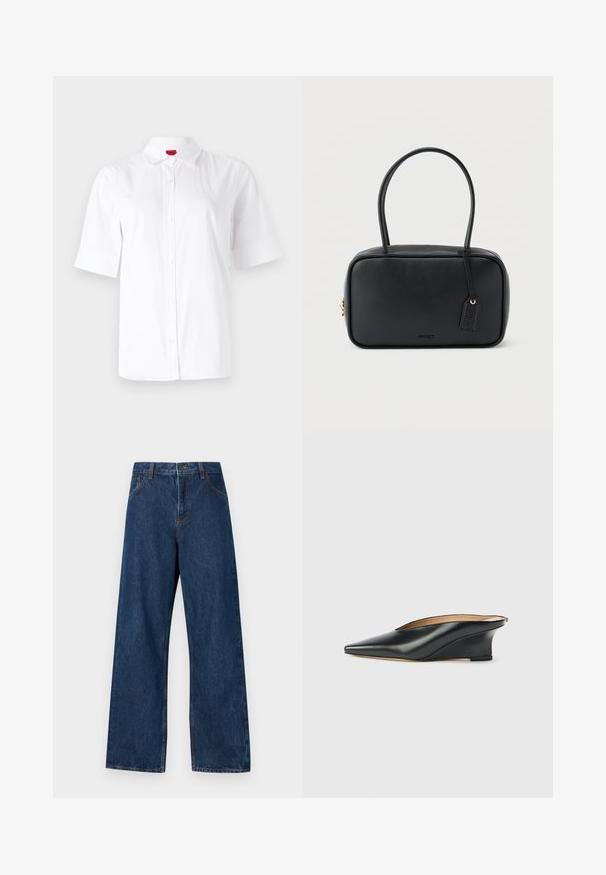 Chemise blanche à manches courtes avec col classique, fabriquée en tissu lisse. Présente un logo brodé sur la zone gauche de la poitrine.; Jean large en denim bleu foncé avec un design classique à cinq poches. Présente des coutures contrastées et une fermeture par bouton à l'avant.; Chaussure compensée en cuir verni noir avec un bout pointu et un dos ouvert, présentant un design élégant et courbé ainsi qu'un style minimaliste.; Sac à main rectangulaire noir avec doubles poignées arrondies, fermeture éclair dorée et logo "HUGO" embossé sur le devant avec une étiquette en cuir attachée.