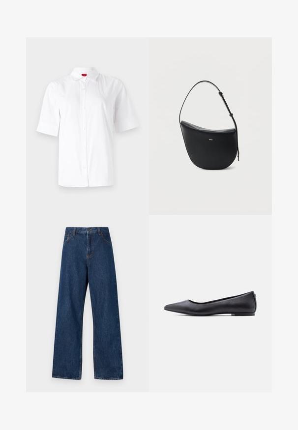 Chemise blanche à manches courtes avec col classique, fabriquée en tissu lisse. Présente un logo brodé sur la zone gauche de la poitrine.; Jean large en denim bleu foncé avec un design classique à cinq poches. Présente des coutures contrastées et une fermeture par bouton à l'avant.; Chaussure plate en cuir noire à bout pointu avec petit talon, vue de profil sur fond blanc.; Sac à bandoulière en cuir noir en forme de demi-lune avec une bandoulière réglable et le logo doré « BOSS » centré sur le devant.