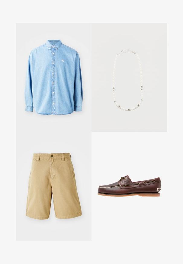 Chemise en denim bleu clair à boutons avec manches longues, col pointu et petit logo sur la poitrine gauche. Offre une coupe décontractée et un design classique.; Shorts cargo en coton beiges avec poches frontales et latérales, passants de ceinture et fermeture à bouton métallique. Coupe droite et design à hauteur des genoux.; Chaussure bateau en cuir marron avec coutures blanches, détails de lacets et semelle en caoutchouc beige, vue de côté sur fond blanc.; Collier de perles blanches avec des intercalaires en strass argentés et un fermoir chaîne en argent, présenté sur un fond clair uni.