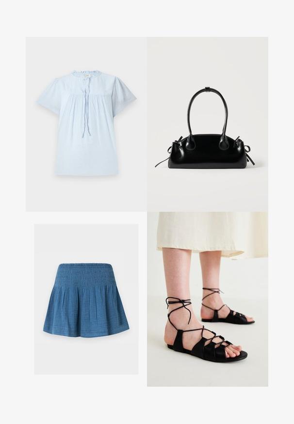 Blouse bleu clair à manches courtes en tissu texturé, avec un col rond et un design plissé. Présente un cordon de serrage à l'avant et des accents subtils.; Jupe bleue mi-longue avec taille froncée et tissu froncé pour une silhouette évasée, présentée sur fond blanc uni.; Sandales plates en cuir noir avec un design entrecroisé et des liens à la cheville, présentant une texture lisse et un style ouvert aux orteils.; Petit sac à main noir brillant avec deux longues anses et des détails à cordon sur les côtés sur un fond clair uni.