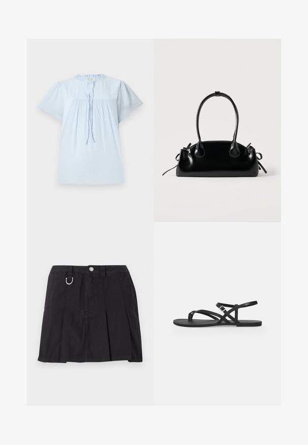 Blouse bleu clair à manches courtes en tissu texturé, avec un col rond et un design plissé. Présente un cordon de serrage à l'avant et des accents subtils.; Jupe plissée noire en coton, avec une fermeture à boutons sur le devant, des passants de ceinture et un accent en D-ring sur la taille.; Sandale plate noire avec fines brides, boucle réglable à la cheville et bride pour l’orteil sur un fond gris clair uni.; Petit sac à main noir brillant avec deux longues anses et des détails à cordon sur les côtés sur un fond clair uni.