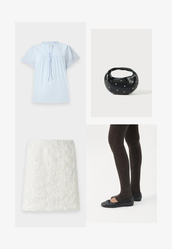 Lichtblauw kort mouwen blouse van gestructureerde stof, met een ronde halslijn en geplooid design. Bevat een trekkoord aan de voorkant en subtiele accenten.; Witte mini-jurk met een gestructureerd oppervlak en verhoogde bloemmotieven die op rozen lijken, gemaakt van lichtgewicht stof.; Benen met donkere geribbelde leggings gecombineerd met zwarte ballerina's met kleine strikdetails op een witte achtergrond.; Zwarte leren handtas met een afgeronde vorm, versierd met zilveren studs, en een korte handgreep. Gladde textuur en ritsluiting.