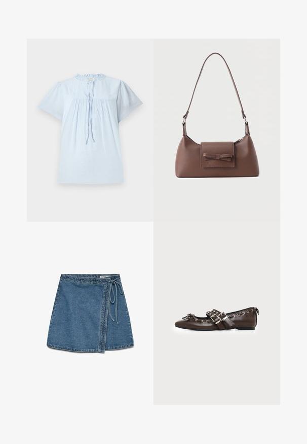 Lichtblauw kort mouwen blouse van gestructureerde stof, met een ronde halslijn en geplooid design. Bevat een trekkoord aan de voorkant en subtiele accenten.; Lichtblauwe denim wikkelrok met een strik in de taille, met een rechte snit en een gladde textuur. Geen zichtbare patronen of accenten.; Donkerbruine leren platte schoen met puntige neus, dubbele zilveren gespsluitingen, metalen klinknagels en een decoratief strikje aan de voorkant.; Bruine leren schoudertas met een voorvak met klep en een gestikte strikdetail en een verstelbare band.