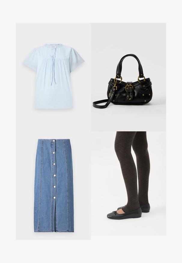 Lichtblauw kort mouwen blouse van gestructureerde stof, met een ronde halslijn en geplooid design. Bevat een trekkoord aan de voorkant en subtiele accenten.; Denimrok in lichtblauw met een rechte silhouet. Beschikt over een frontale knoopsluiting, verticale stiksels en een ruwe zoom aan de onderkant.; Benen met donkere geribbelde leggings gecombineerd met zwarte ballerina's met kleine strikdetails op een witte achtergrond.; Zwarte leren handtas met gouden gesp en klinknagel details, korte handvatten en een verstelbare schouderriem op een effen witte achtergrond.