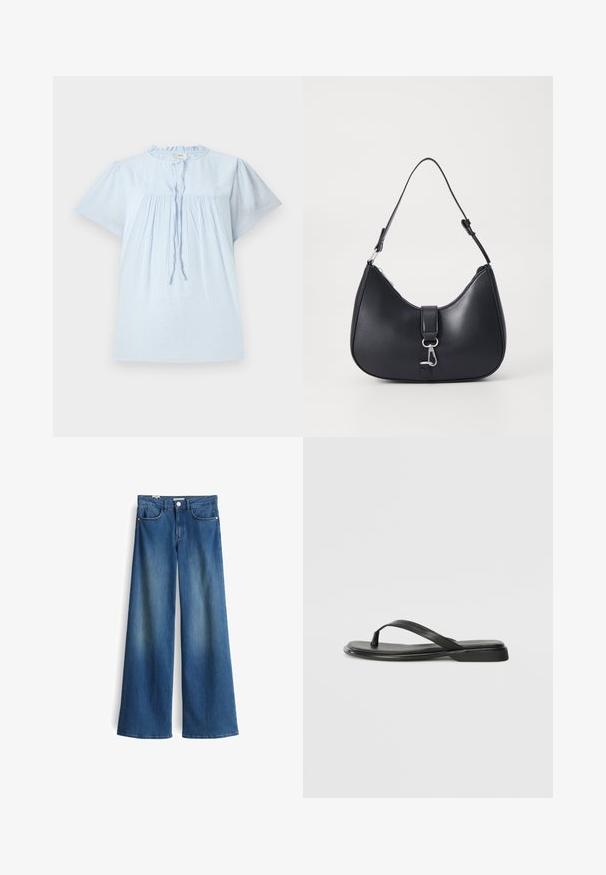 Lichtblauw kort mouwen blouse van gestructureerde stof, met een ronde halslijn en geplooid design. Bevat een trekkoord aan de voorkant en subtiele accenten.; Wijde denimjeans in medium blauw met een gladde textuur. Bevat twee voorzakken en een klassieke knoopsluiting bij de taille.; Zwarte teenflip-flop van glad leer, met een dunne band en een platte zool met een minimalistisch profiel. Geen opvallende patronen of accenten.; Pieces PCLIKA SHOULDER BAG - Handtas - black