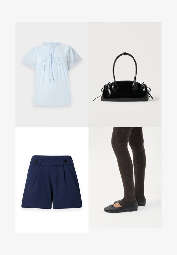 Blouse bleu clair à manches courtes en tissu texturé, avec un col rond et un design plissé. Présente un cordon de serrage à l'avant et des accents subtils.; Shorts ajustés bleu marine en tissu léger, avec deux plis devant et deux boutons noirs à la taille.; Jambes portant des leggings côtelés foncés associés à des ballerines noires avec de petits détails en nœud sur fond blanc.; Petit sac à main noir brillant avec deux longues anses et des détails à cordon sur les côtés sur un fond clair uni.