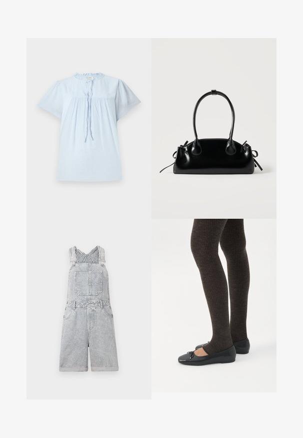 Lichtblauw kort mouwen blouse van gestructureerde stof, met een ronde halslijn en geplooid design. Bevat een trekkoord aan de voorkant en subtiele accenten.; Gestreepte denim jumpsuit met een vierkante zak, verstelbare straps en een wijde halslijn. Heeft een relaxte pasvorm met een shorts-lengte.; Benen met donkere geribbelde leggings gecombineerd met zwarte ballerina's met kleine strikdetails op een witte achtergrond.; Kleine zwarte glanzende handtas met twee lange hengsels en zijkant trekkoord details op een effen lichte achtergrond.