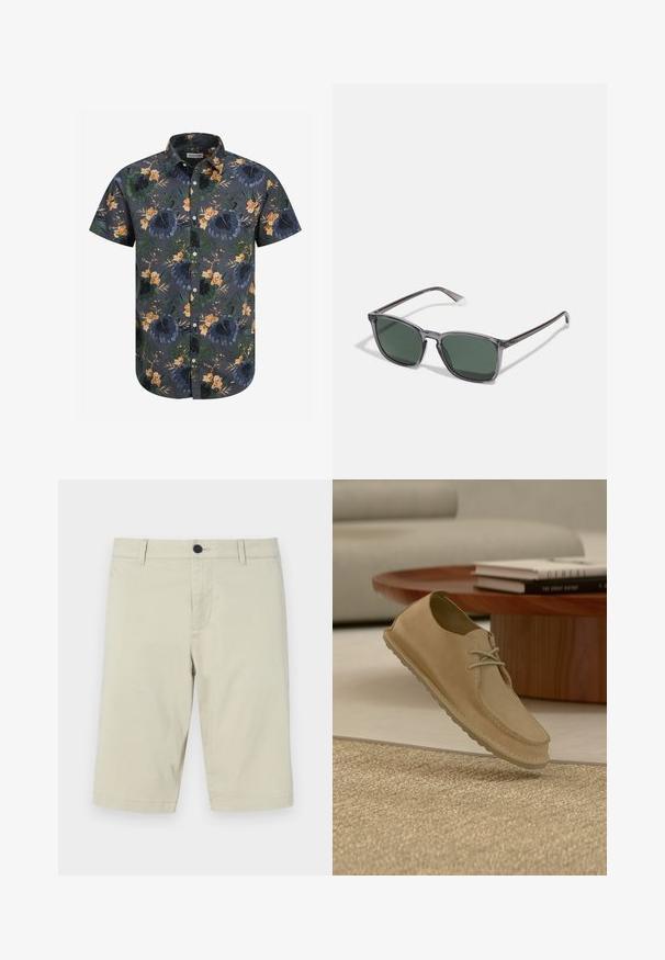 Kortærmet skjorte i mørkegrå stof med et tropisk blomstermønster i grønne, orange og gule nuancer. Knappeneddelse design med krave.; Beige shorts lavet af let bomuldsblanding, med flad front, bæltesløjfer, knaplukning og knælang kant.; Beige ruskindslignende snøresko, der svæver over et struktureret tæppe i en moderne stue med et træ-sofabord og bøger.; Polaroid Solbriller - grey