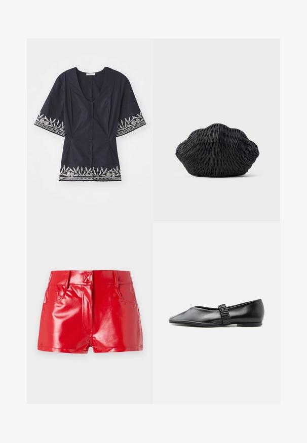 Navyblauwe blouse met een V-hals, korte mouwen en witte bloemenborduursel langs de zoom en mouwen. Voorzien van knoopsluiting.; Rode faux leren shorts met een glanzende afwerking, met een hoge taille, zijzakken en stiksels. Gelaagd, aansluitend ontwerp.; Zwarte leren platte schoen met een geplooide band over de bovenkant en een licht puntige neus, afgebeeld tegen een effen achtergrond.; Zwarte gevlochten handtas in de vorm van een sint-jakobsschelp met een gebogen bovenkant en een geweven textuur op een effen achtergrond.