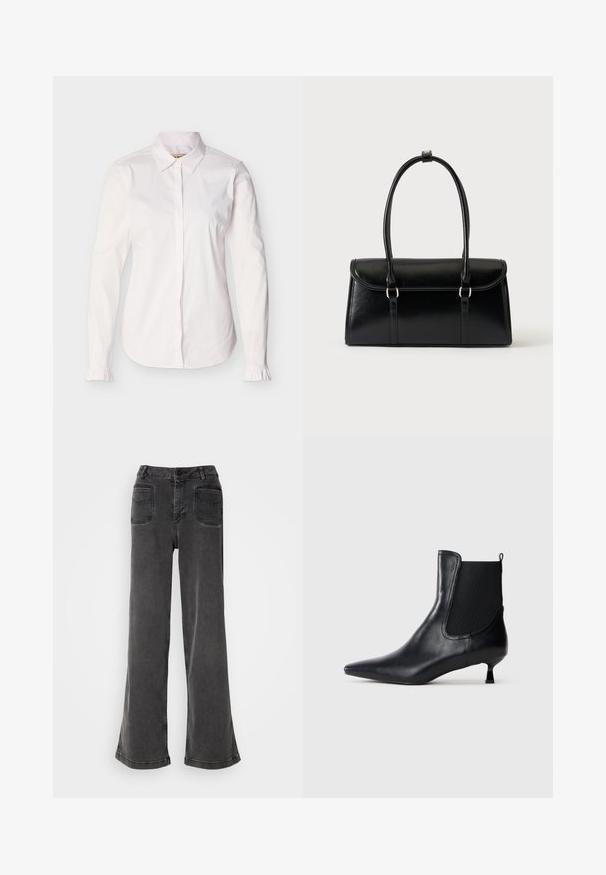 Camisa blanca de manga larga para mujer con cuello puntiagudo, botones delanteros ocultos y pequeños detalles de volantes en los puños.; Jeans negros de tiro alto y pierna ancha, hechos de denim, con cierre de botones, presillas para cinturón y dos bolsillos traseros con detalles de costura.; Botín de cuero negro con punta afilada, paneles laterales elásticos y tacón bajo tipo kitten sobre fondo blanco.; Bolso rectangular de cuero negro con cierre de solapa y dos asas largas sobre un fondo blanco liso.