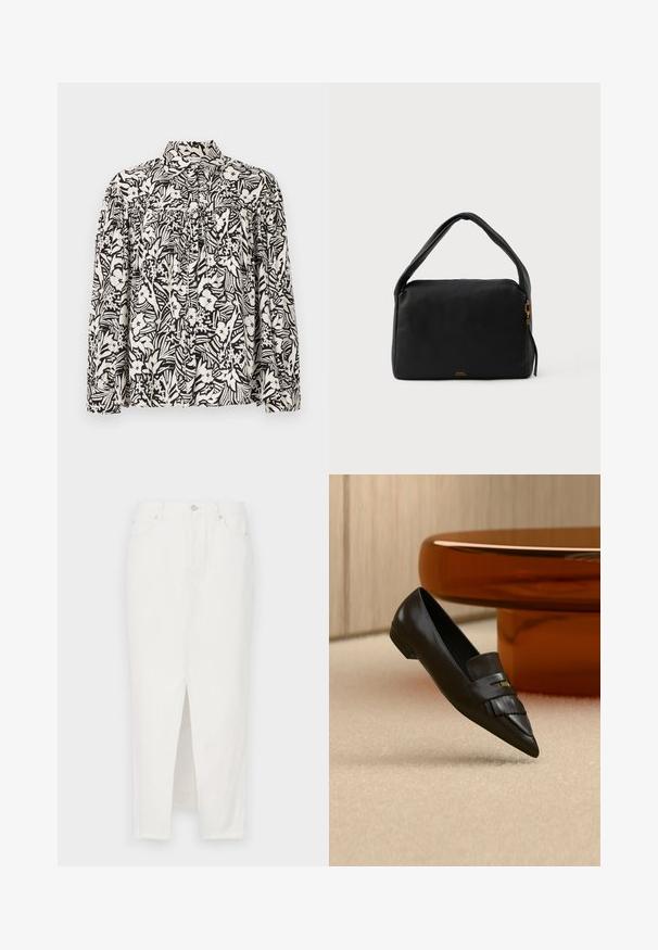 Chemise à manches longues avec un motif floral noir et blanc, dotée d'un col haut, d'un devant froncé et d'une coupe loose. Fabriquée en tissu léger.; Jupe en denim blanc avec une fente à l'avant, dotée d'une fermeture par bouton et fermeture éclair, cinq poches et un ourlet brut en bas.; Mocassin en cuir noir à bout pointu avec détail de franges, positionné sur un tapis beige près d'une table ronde en verre orange.; Sac à main en cuir noir avec une texture lisse, de forme rectangulaire et une poignée courbée. Il dispose d'une fermeture éclair dorée et d'une marque discrète à l'avant.