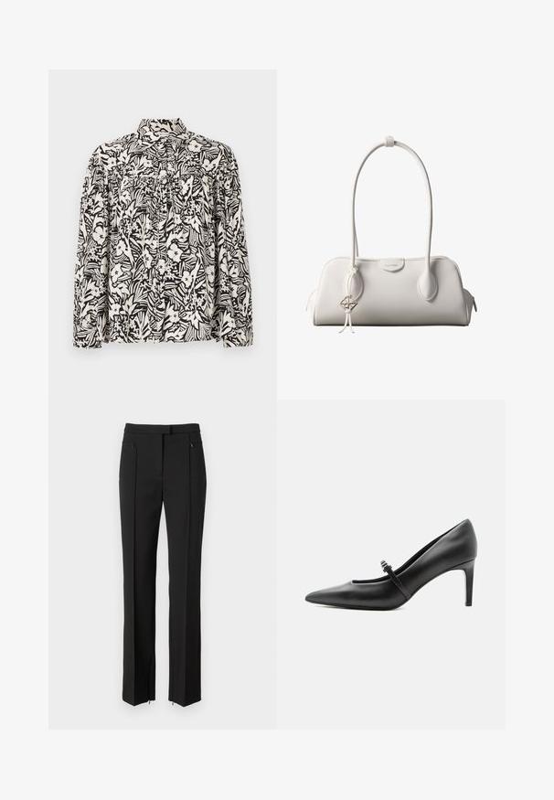 Camisa de manga larga en un patrón floral en blanco y negro, con un cuello alto, fruncido en la parte delantera y corte holgado. Fabricada en tejido ligero.; Pantalones negros con un diseño ajustado, que presentan un frente plano, bolsillos con cremallera y un corte de pierna recta. Fabricados con una tela suave.; Zapato de tacón alto de cuero negro con punta puntiaguda, con tira fina y hebilla sobre el empeine, sobre fondo claro y neutro.; Bolso de hombro blanco de Calvin Klein con asas largas, forma rectangular, cierre de cremallera y charm decorativo con el logo colgando cerca del asa.