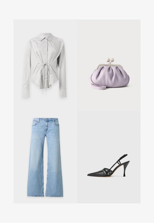 Lichtgrijze blouse met lange mouwen, een aansluitende taille, knopen aan de voorkant en een strikdetail in de taille. Gemaakt van een soepele stof met een klassieke kraag.; Lichtblauwe denim jeans met een hoge taille en brede pijpen, met een knoopsluiting aan de voorkant en een ontwerp met vijf zakken.; Zwarte leren hoge hak slingback schoen met spitse neus, crisscross bandontwerp en slanke stilettohak. Smooth textuur en minimale accenten.; Zachte lavendelkleurige clutch met geplooide stof, zilveren kiss-lock sluiting en bijpassend polsbandje op een effen lichte achtergrond.