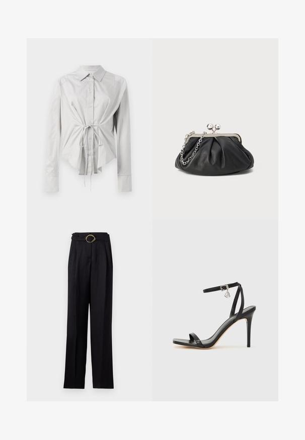 Chemise à manches longues gris clair avec une taille ajustée, un devant à boutons et un détail à nouer à la taille. Fabriquée en tissu lisse avec un col classique.; Pantalon noir taille haute avec une coupe évasée, décoré d'une boucle en or tordue sur la ceinture. Tissu lisse avec un léger brillant.; Sandale à talon haut noire avec une bride étroite à la cheville, bout carré, cuir lisse et accent de boucle métallique.; Porte-monnaie en cuir noir avec texture froncée, cadre en métal argenté, fermeture à verrouillage kiss-lock et bandoulière en chaîne. Surface lisse et douce.