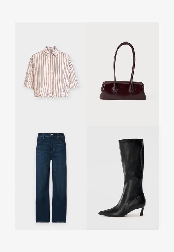 Chemise rose clair à manches courtes avec fines rayures verticales noires et un petit nœud à l'ourlet, présentée sur un fond gris.; Jeans en denim bleu foncé avec une coupe droite, fermeture par bouton et zip, détails de coutures discrètes et style cinq poches.; Botte en cuir noire, montant jusqu'au genou, avec un bout pointu et un petit talon. Texture lisse et design épuré avec des détails de couture subtils.; Sac à main en cuir brun foncé brillant avec de longues anses fines et une base rectangulaire structurée sur un fond clair uni.