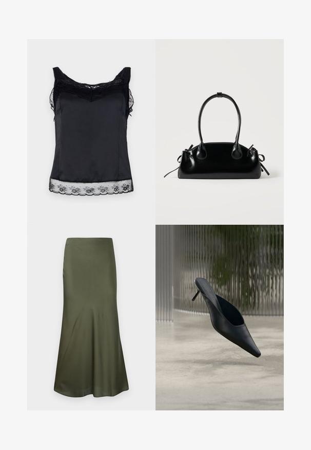 Camisón de satén negro con acentos de encaje en el escote y el dobladillo. Presenta una textura suave y tirantes ajustables, con detalles de encaje floral.; Falda midi ajustada de satén color verde oliva, con un corte acampanado en el dobladillo, exhibida sobre un fondo blanco.; Zapato mule negro de punta fina con tacón alto y delgado flotando sobre un suelo de hormigón liso, con un fondo desenfocado de rayas verticales.; Pequeño bolso negro brillante con dos asas largas y detalles de cordón lateral sobre un fondo claro liso.